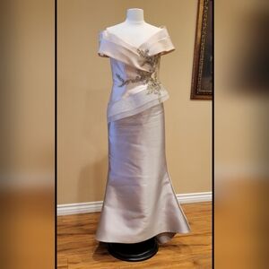 Tahari Cream Satin Maxi Dress with Embellishments